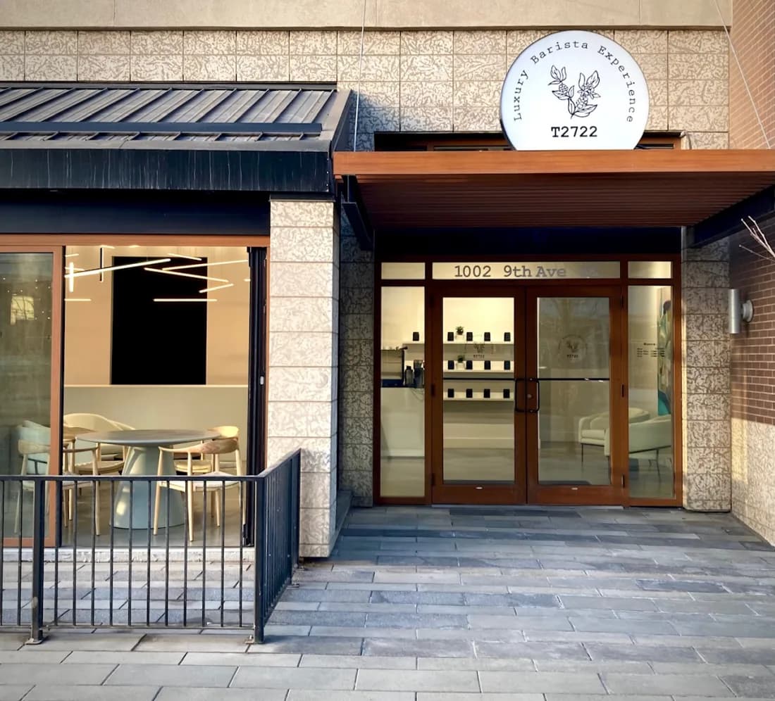 The storefront entrance in afternoon light