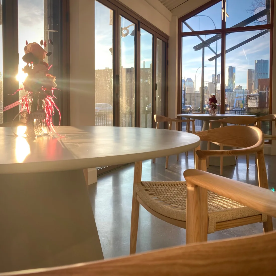 The veranda at sunset, the city beyond
